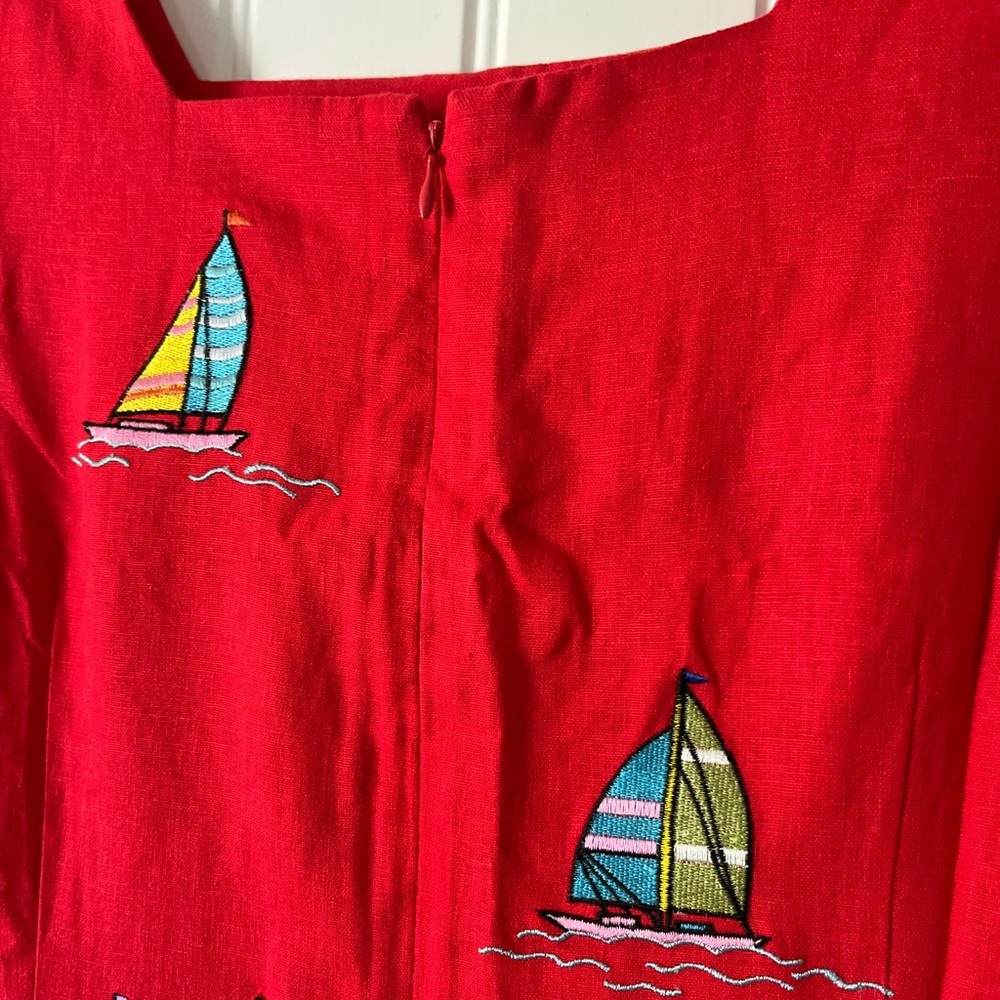 Vintage Ultra Red Sailboat Embroidered Linen Blend Sheath Dress Women’s Size 14 - Picture 5 of 14
